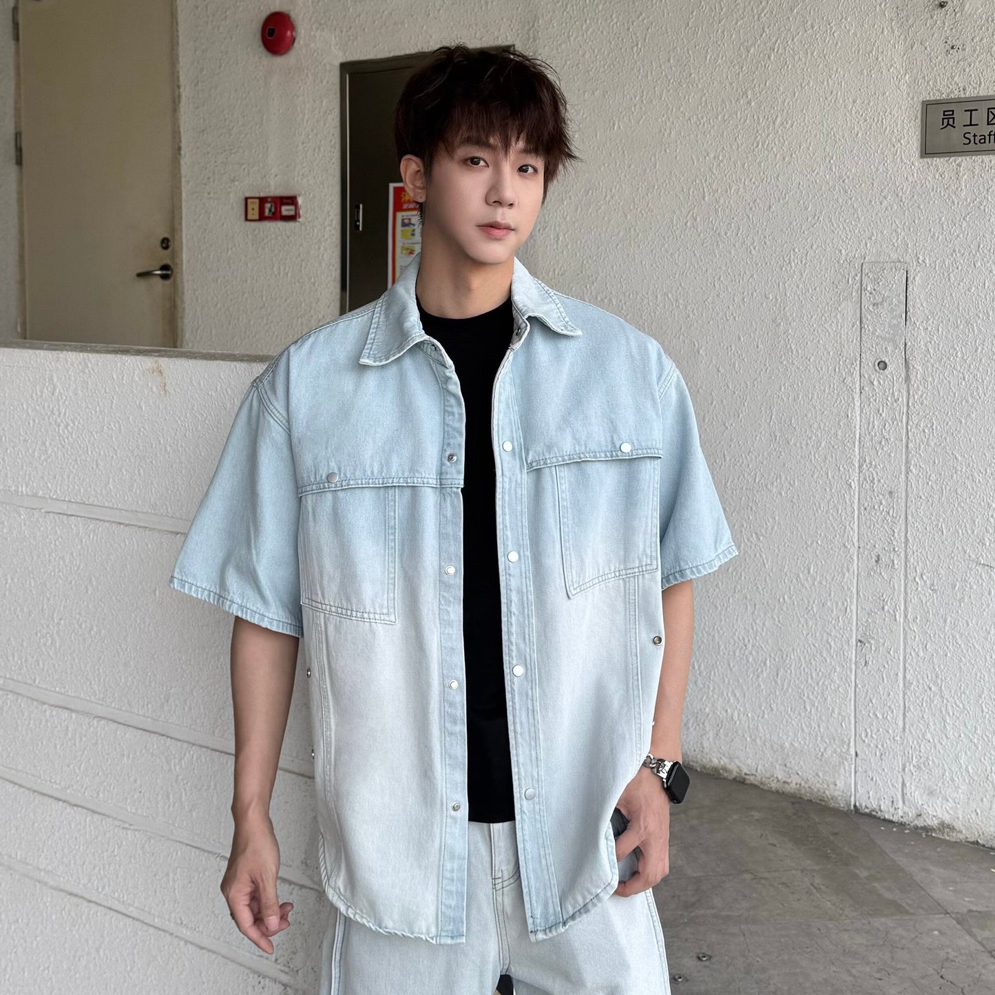 Gradient Wash Short Sleeve Denim Shirt & Wide Leg Denim Jeans Setup WN25338