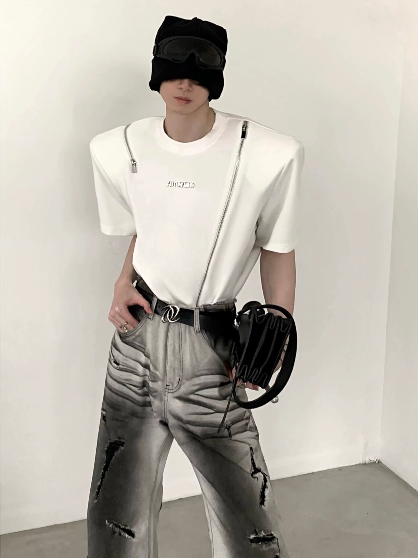 Zipper Design Shoulder Pad Short Sleeve T-Shirt WN5993