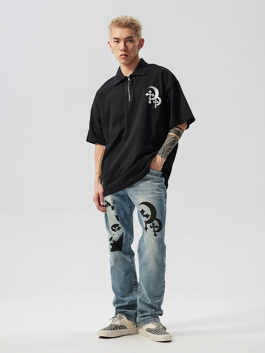 Graphic Print Straight Denim Jeans WN17565