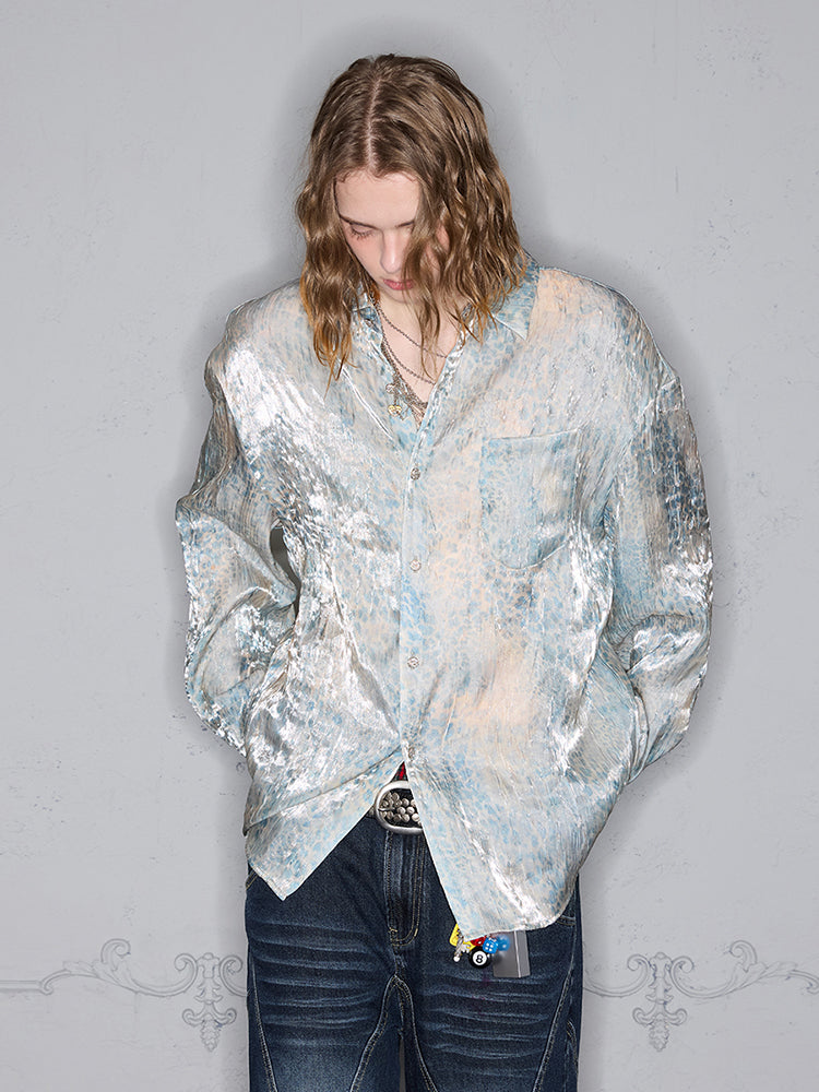 Glossy Wrinkle Texture Draped Leopard Print Long Sleeve Shirt WN17971