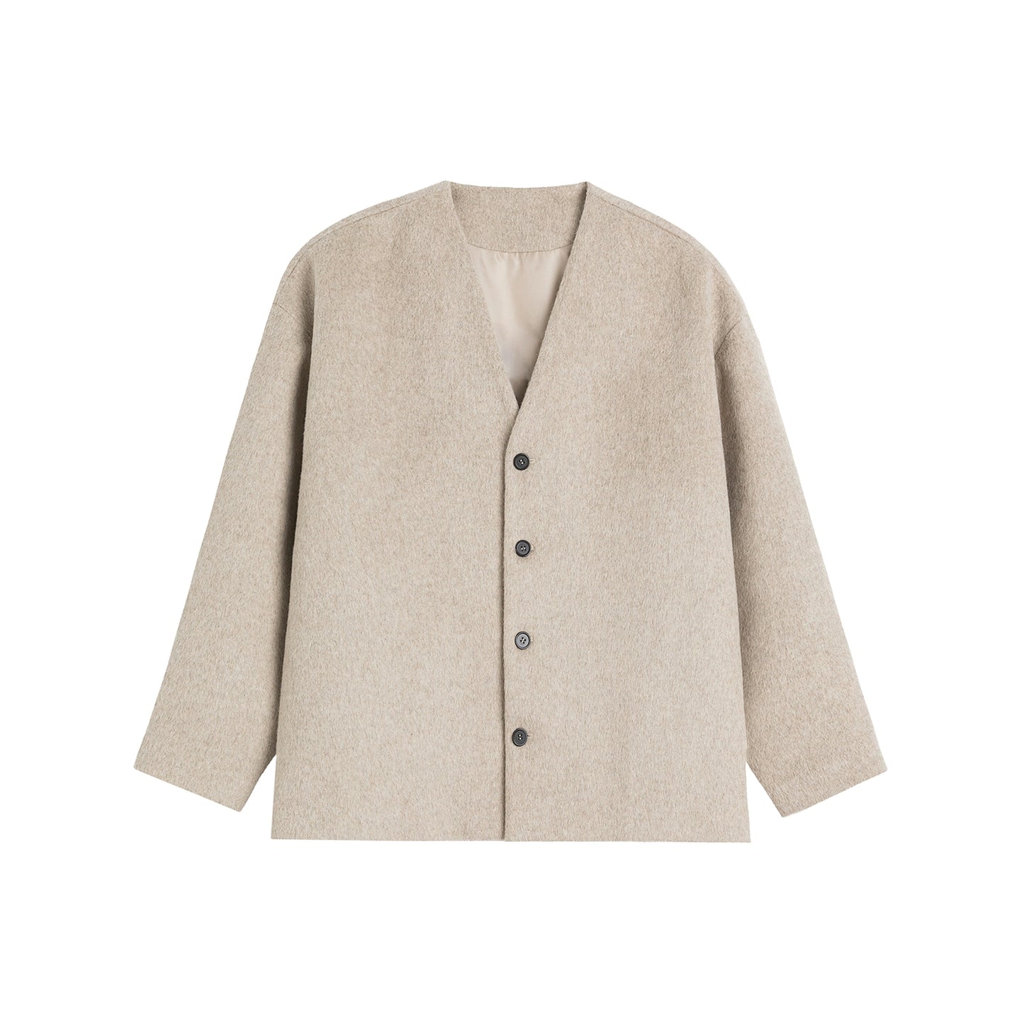 Collarless Solid Oversize Wool Knit Cardigan WN13340