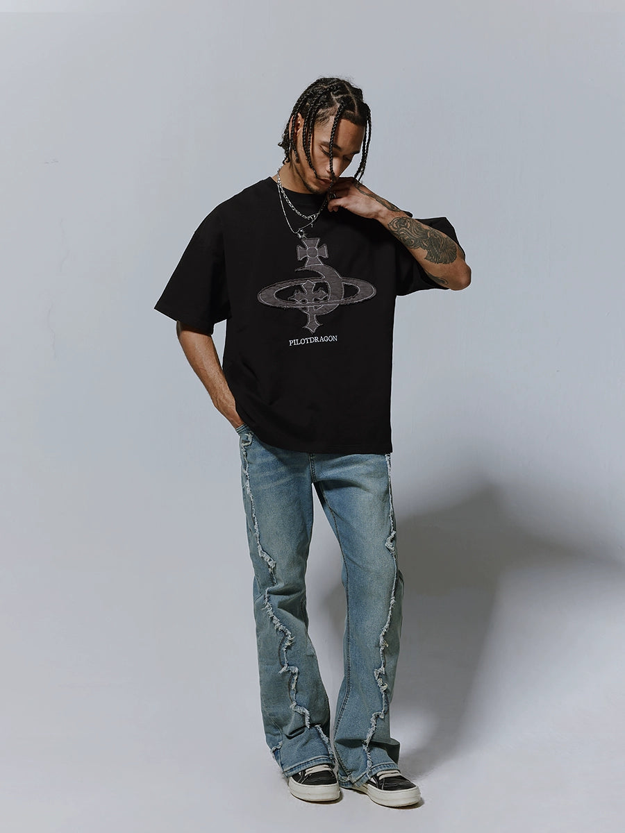 Raw Hem Seam Flare Washed Wide-Leg Straight Denim Jeans WN17611