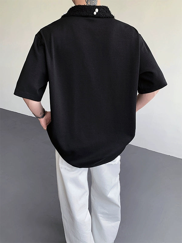 Fake Fur Collar Pearl PatchShort Sleeve Polo Shirt WN19306