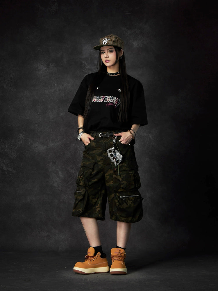 Multi-Pocket Zipper Camouflage Cargo Half Pants WN18435