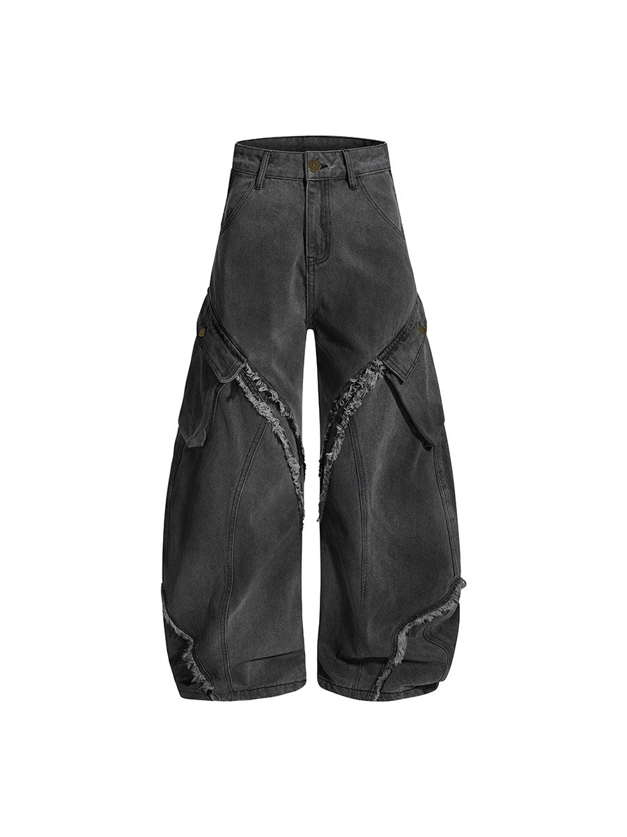 Raw Hem Deconstructed Curved Wide Leg Denim Jeans WN24233