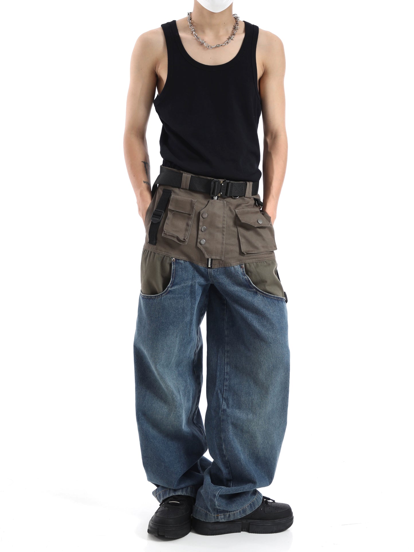 Multi Pocket Patchwork Wide-Leg Straight Denim Jeans WN5704