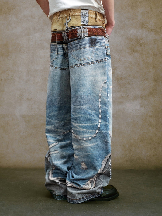 Mix Patchwork Damage Studs Wide Leg Denim Jeans WN23220