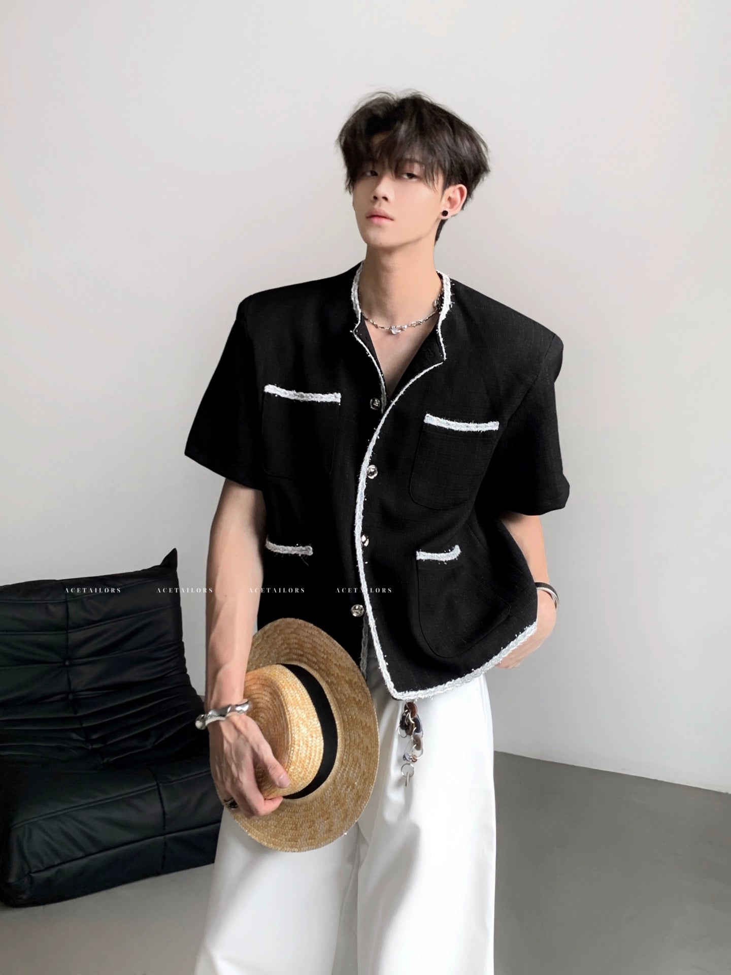 Tweed Design Shoulder-Pad Short Sleeve Jacket WN20081