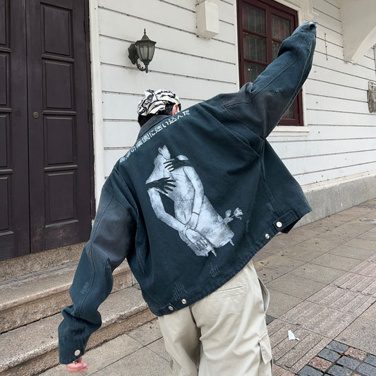 Graphic Print Washed Oversize Short Jacket WN24404