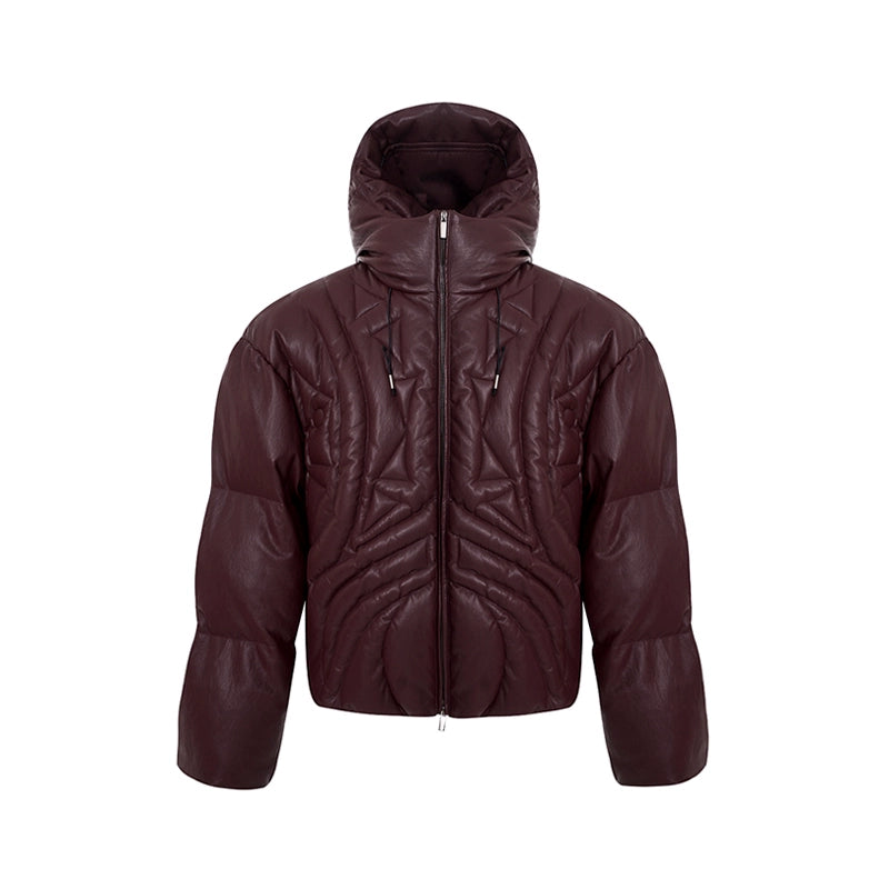 Matte Hooded PU Leather Puffer Jacket WN11699