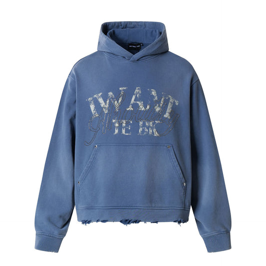 Washed Letter Rhinestone Design Damage Hoodie WN25384