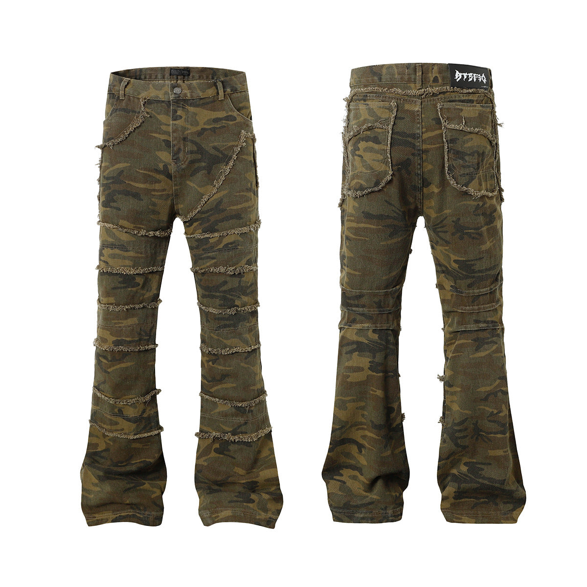 Camouflage Raw Hem Wash Flare Denim Jeans WN16191