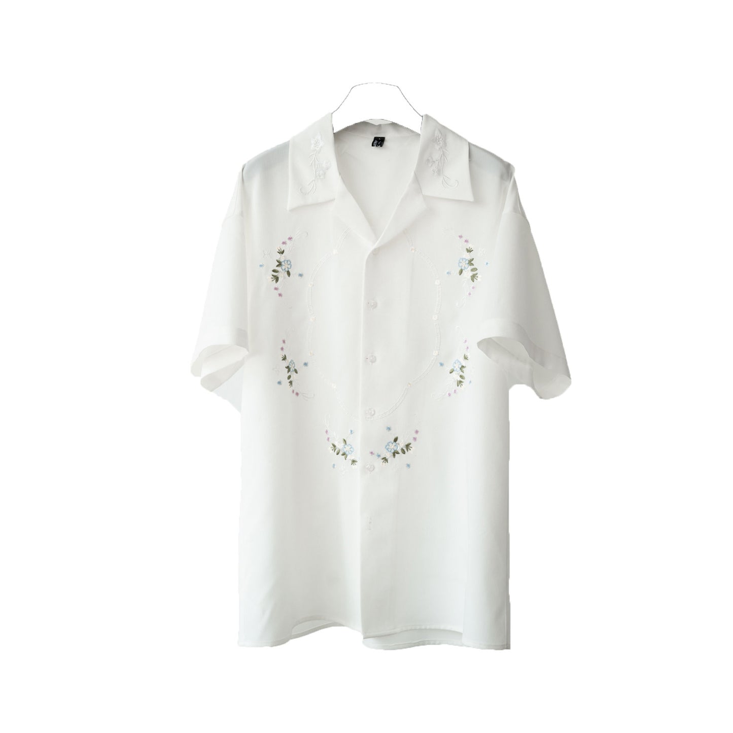 Floral Embroidery Open Collar Short Sleeve Shirt WN23614