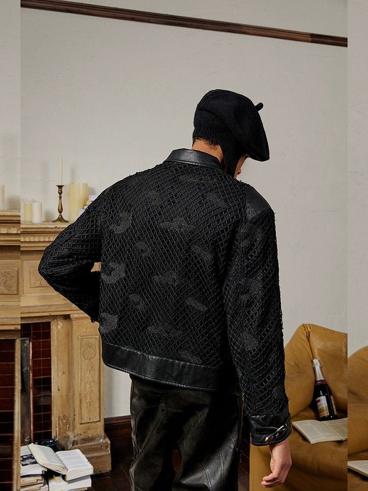 Double Layered Patchwork Mesh Turn-Down Collar Jacket WN17844