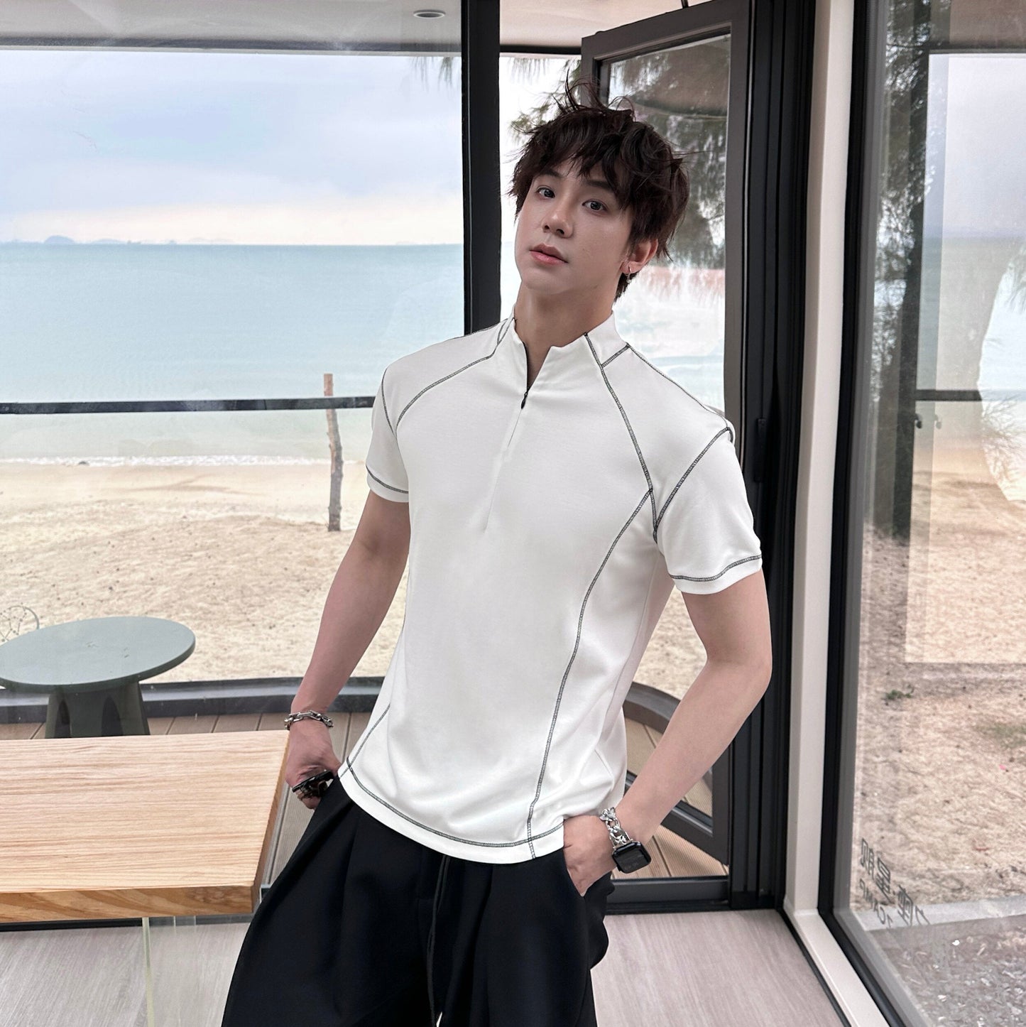 Contrast Stitch Half-Zip Short Sleeve T-Shirt WN25187