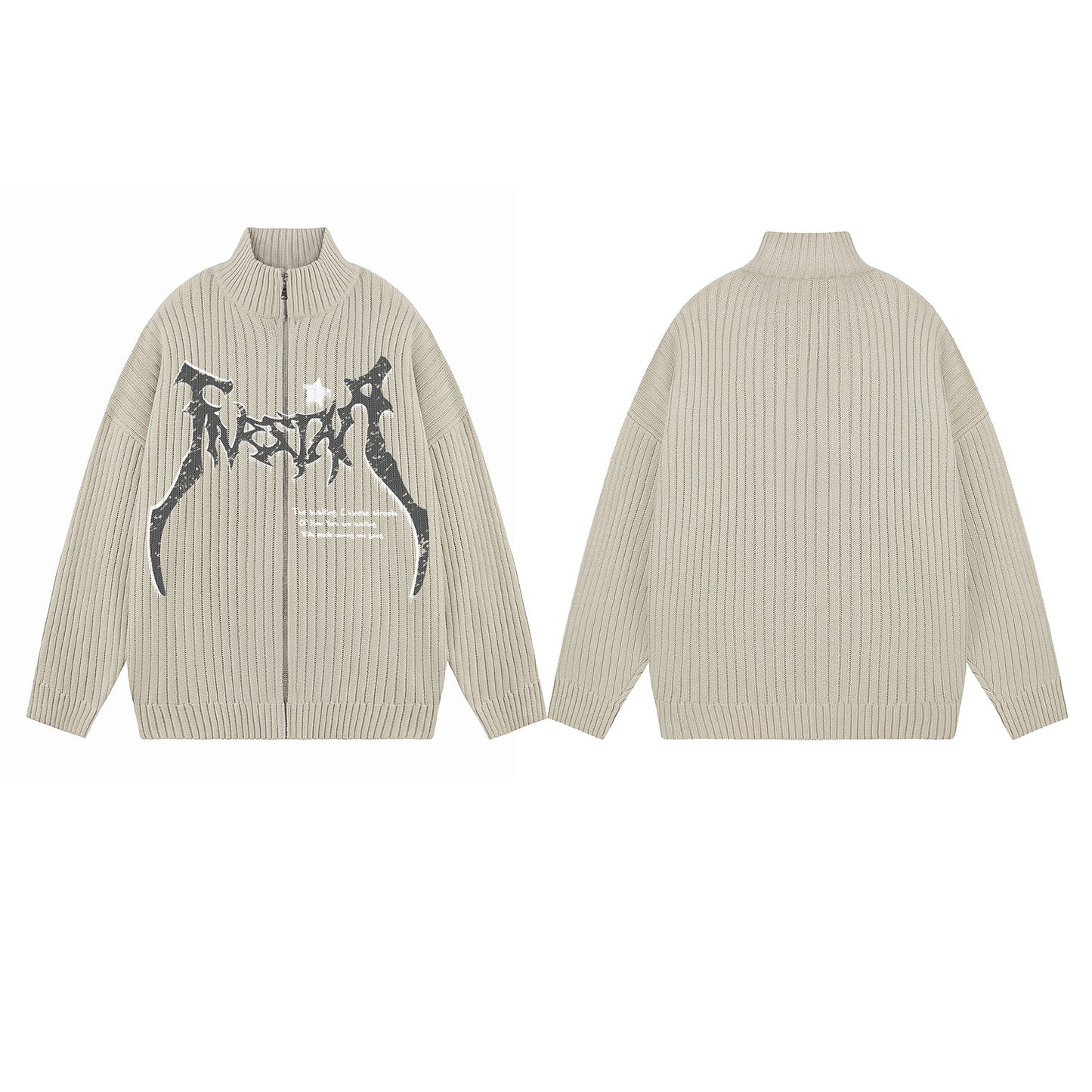 Letter Print Stand Neck Zipper Knit Cardigan WN11508