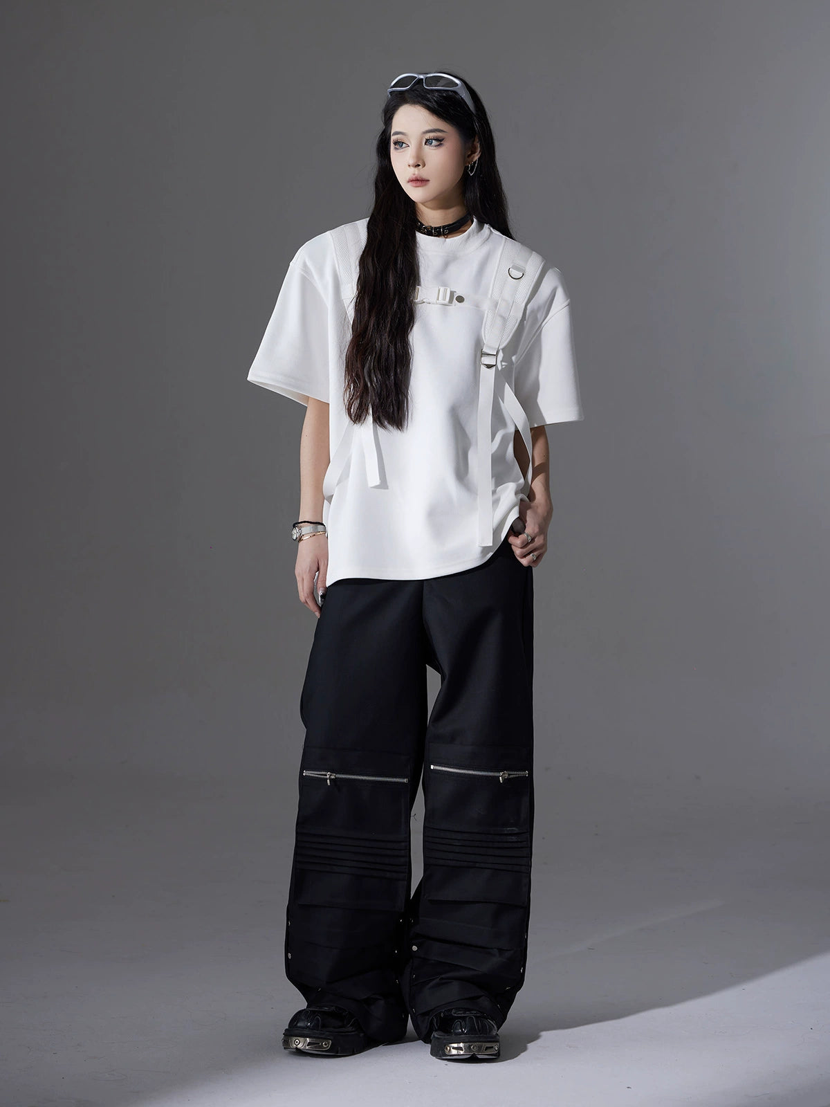 Backpack Strap Patchwork Short Sleeve T-Shirt WN13582