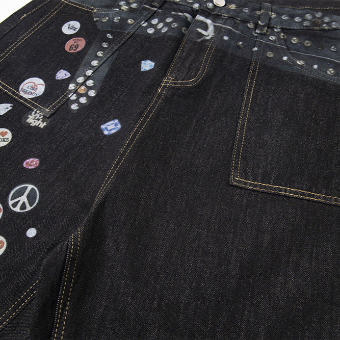 Badge Belt Print Wide Leg Half Denim Jeans WN18522