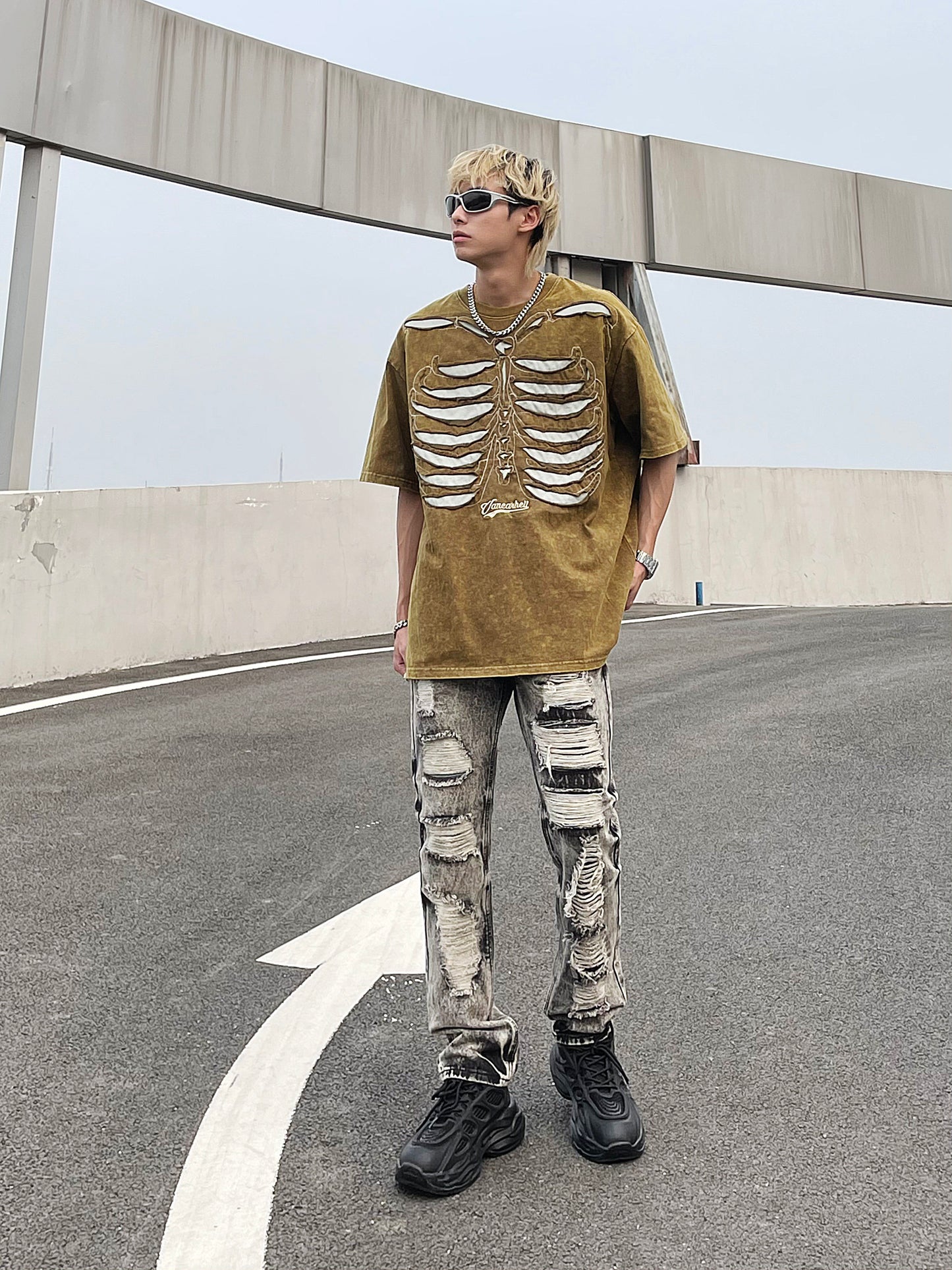 Skeleton Print Washed Oversize Short Sleeve T-Shirt WN24282