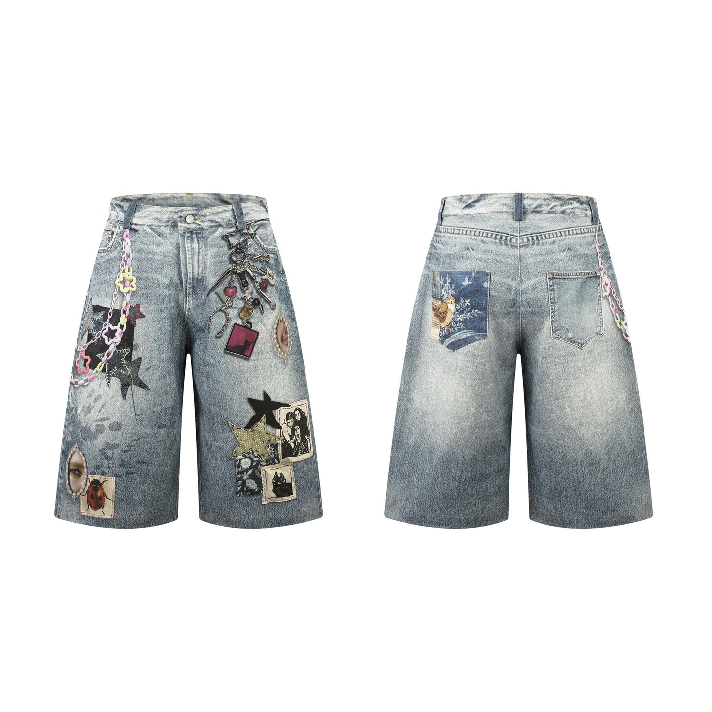 Washed Charm Patch Wide Leg Cropped Denim Jeans WN25564