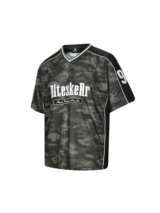 Camouflage Letter Badge Embroidery Contrast Patchwork Oversize Short Sleeve T-Shirt WN27902