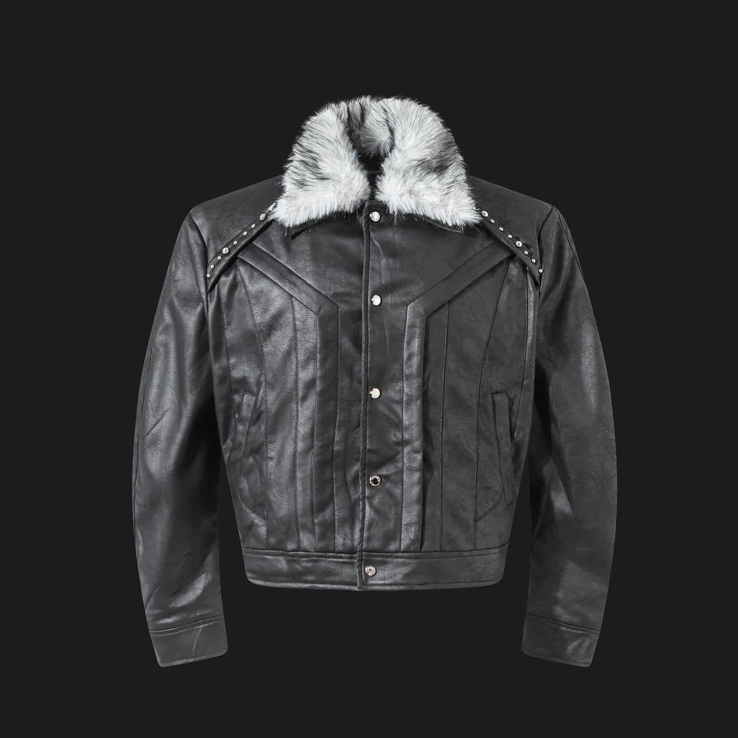 Patchwork Fake Fur Collar PU Leather Short Jacket WN13602