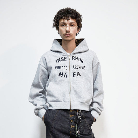 Embroidery Leopard Print Letter Print Short Zipper Hoodie WN22923