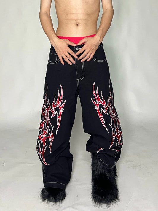 Flame Print Wide Leg Denim Jeans WN24133