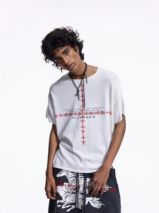 Cross Embroidery Washed Short Sleeve T-Shirt WN27445