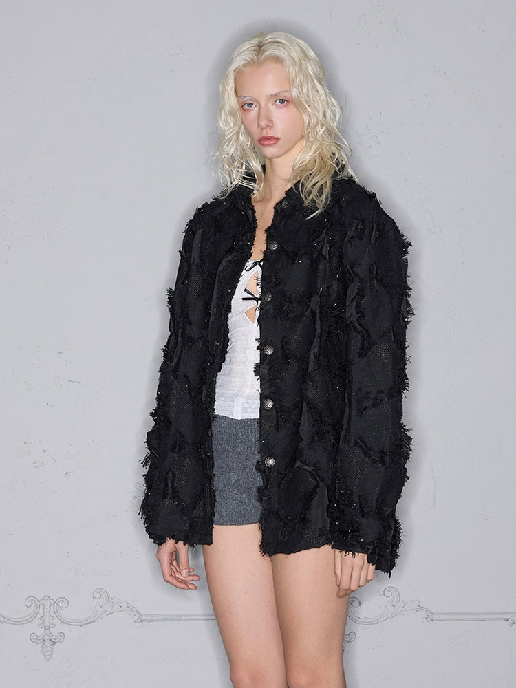 Textured Fringe Raw Edge Oversize Jacket WN17857
