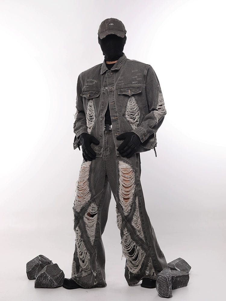 Frayed Washed Damage Wide Leg Denim Jeans WN18687