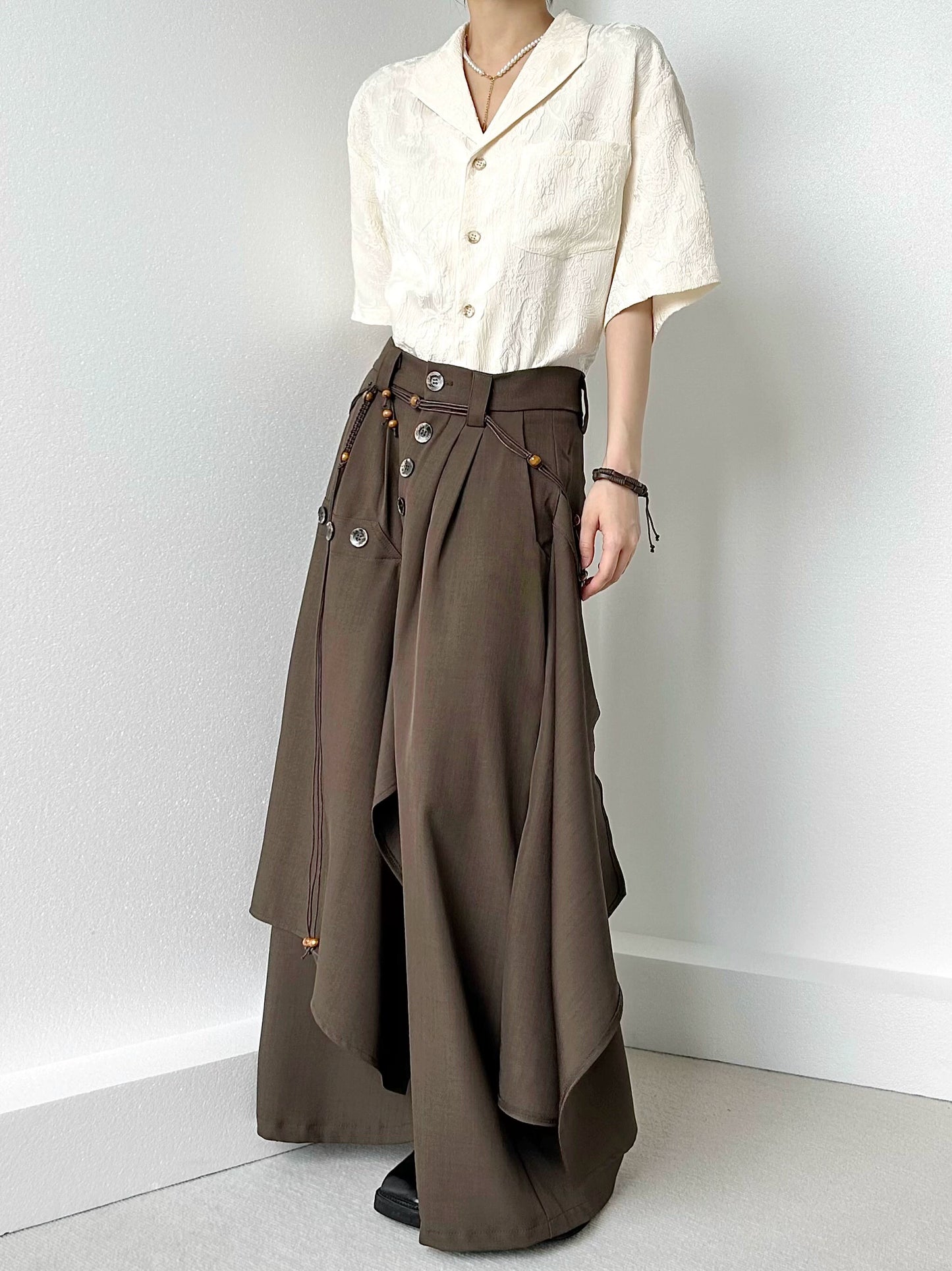 Button Design Drape Wide Leg Trousers WN19629