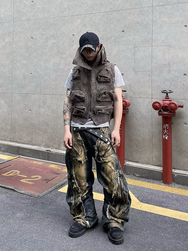 Deconstructed Stain Wide Leg Denim Jeans WN18806