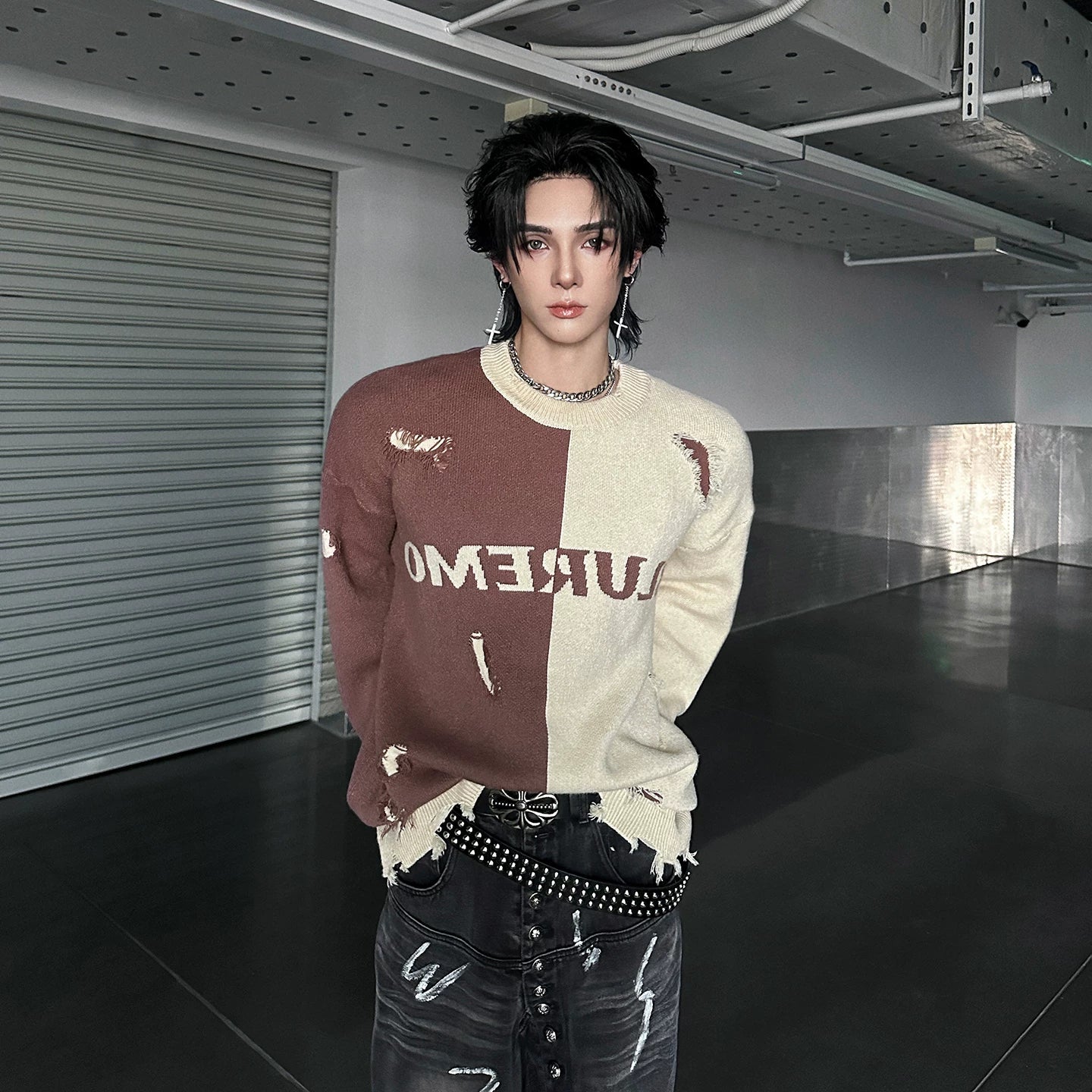 WN25128 Yang Yifan trendy brand belt men's belt jeans belt young man Korean version of men's rivet metal punch new WN25128