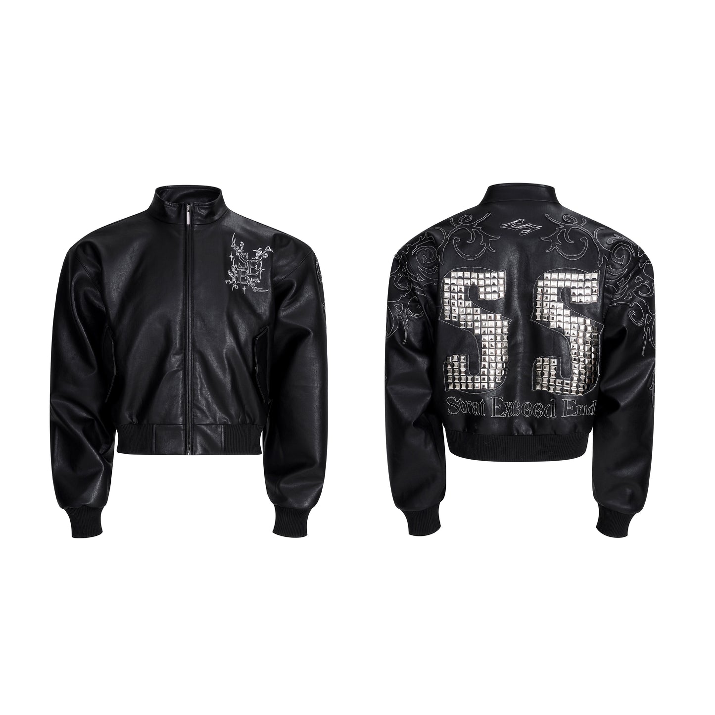 Back Metal Letter Embroidery PU Leather Zipper Jacket WN20936