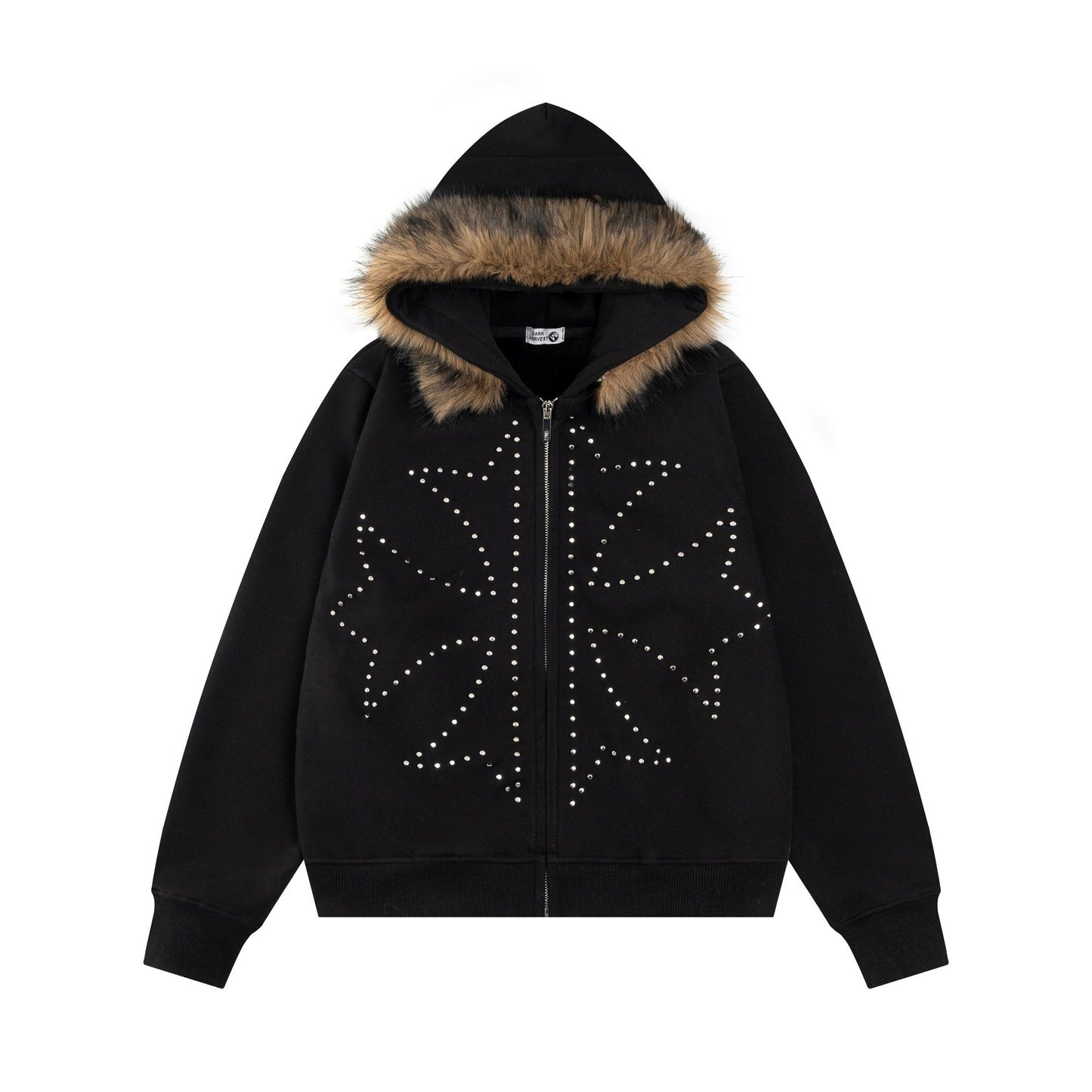 Fake Fur Collar Studs Detail Zipper Hoodie WN24184