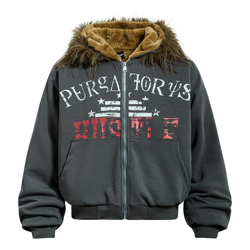 Fake Fur Graffiti Print Zipper Hooded Jacket WN24158