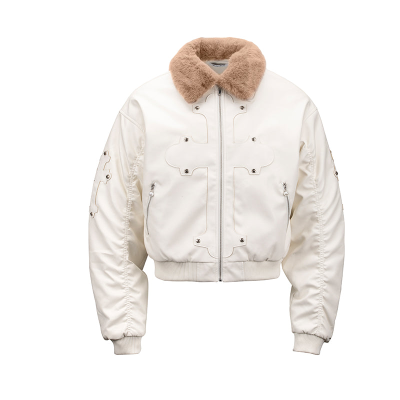 Holy Cross Fake Fur Collar Patchwork PU Leather Bomber Jacket WN15860