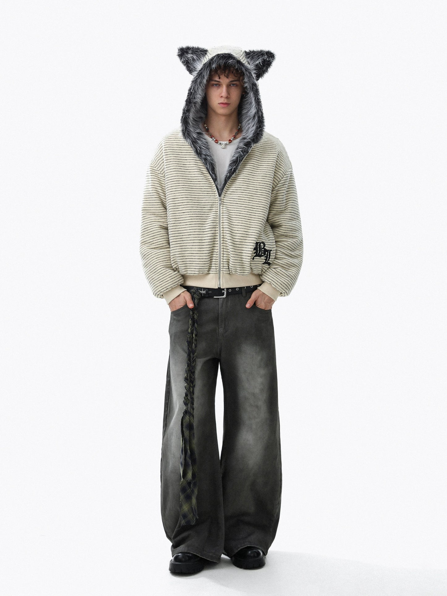 Fake Fur-Collar Stripe Zipper Hoodie WN22098