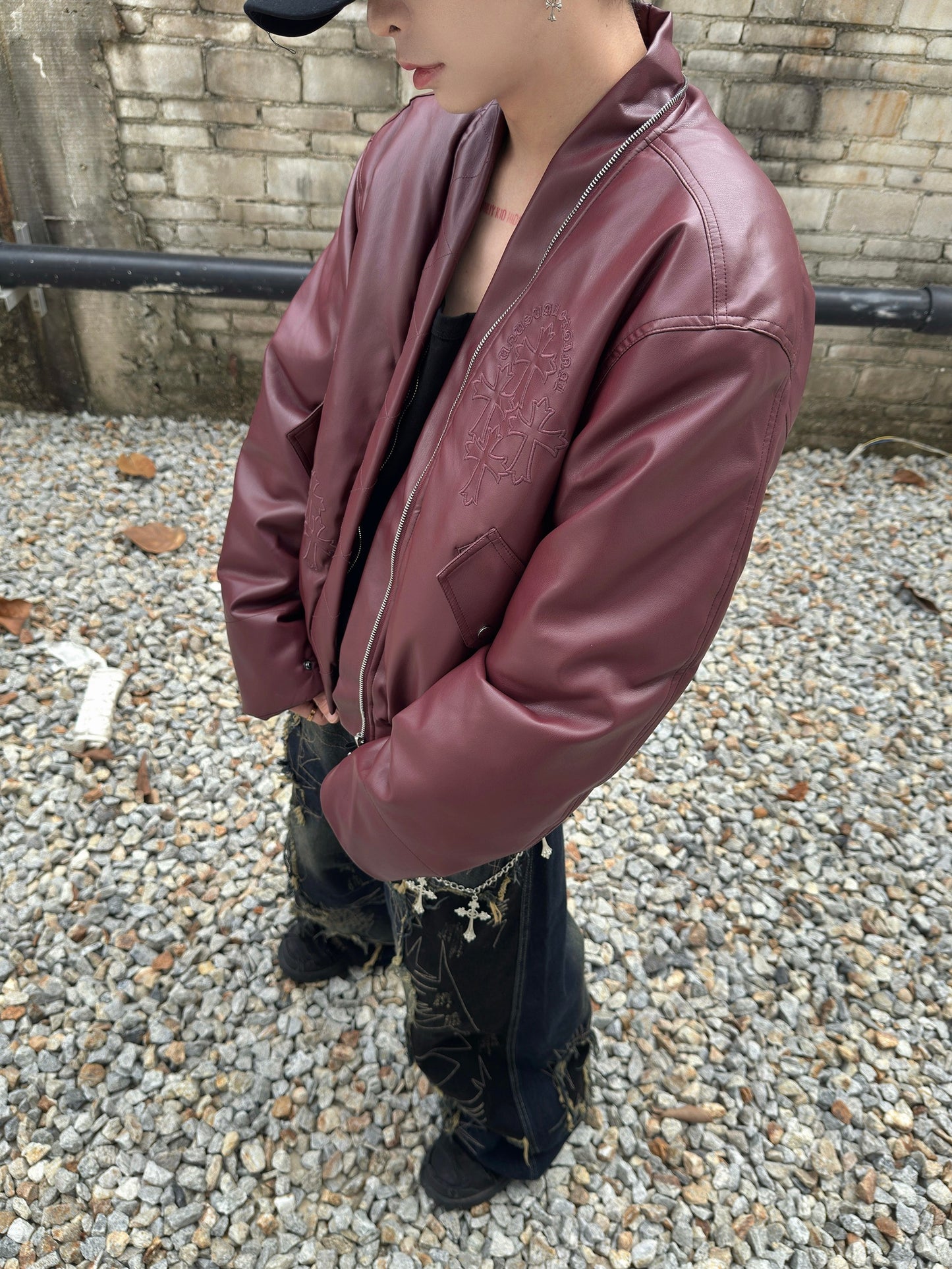 PU Leather Cross Embroidery Padded Jacket WN22987