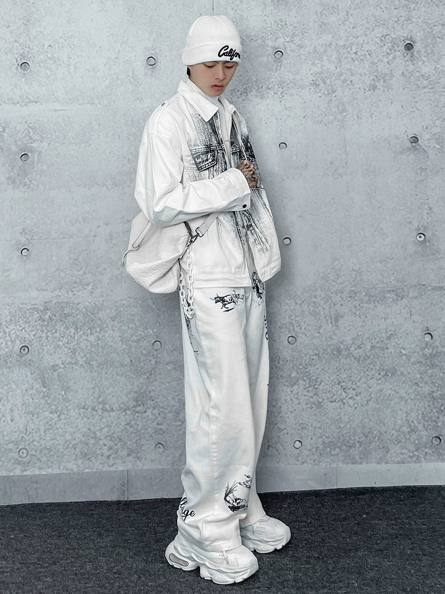 Letter Graffiti Design Drape Straight Denim Jeans WN17450