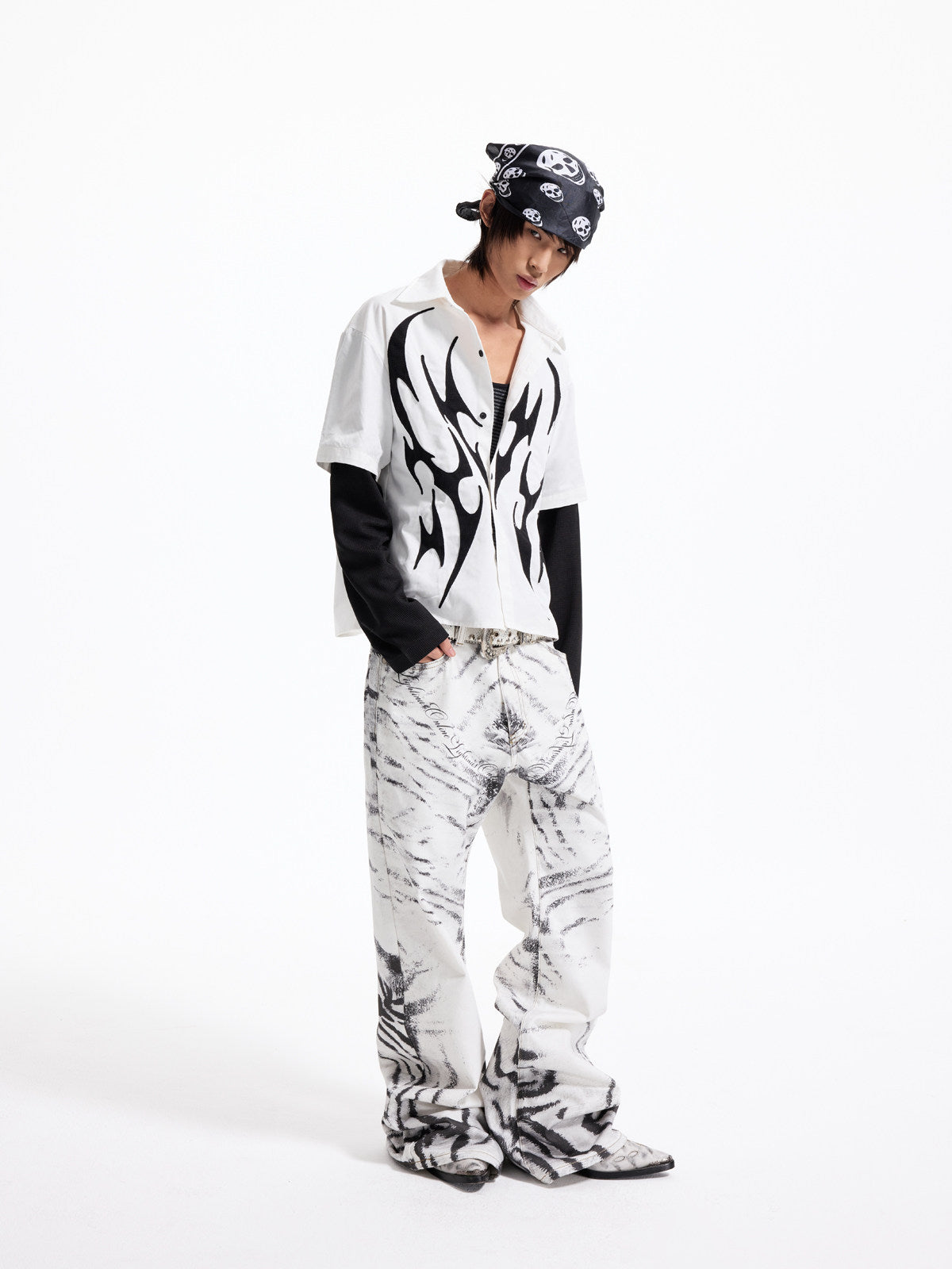 Fake Layered Flame Patch Embroidery Short Sleeve Shirt WN27296