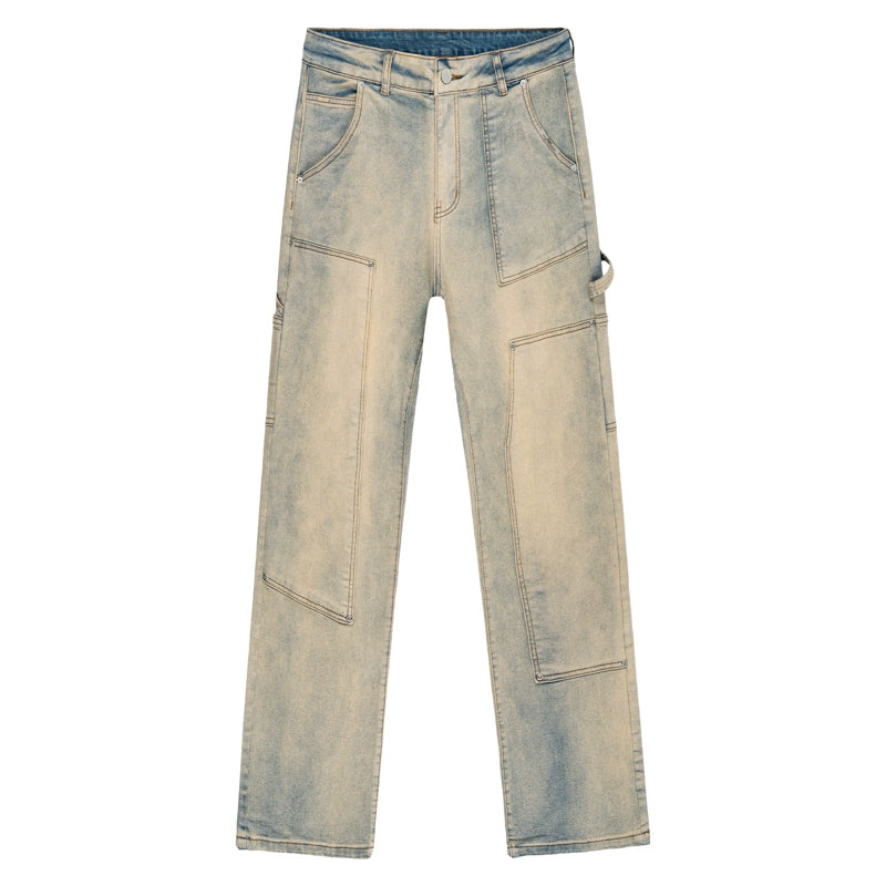 Patchwork Design Washed Wide Leg Denim Jeans WN17583