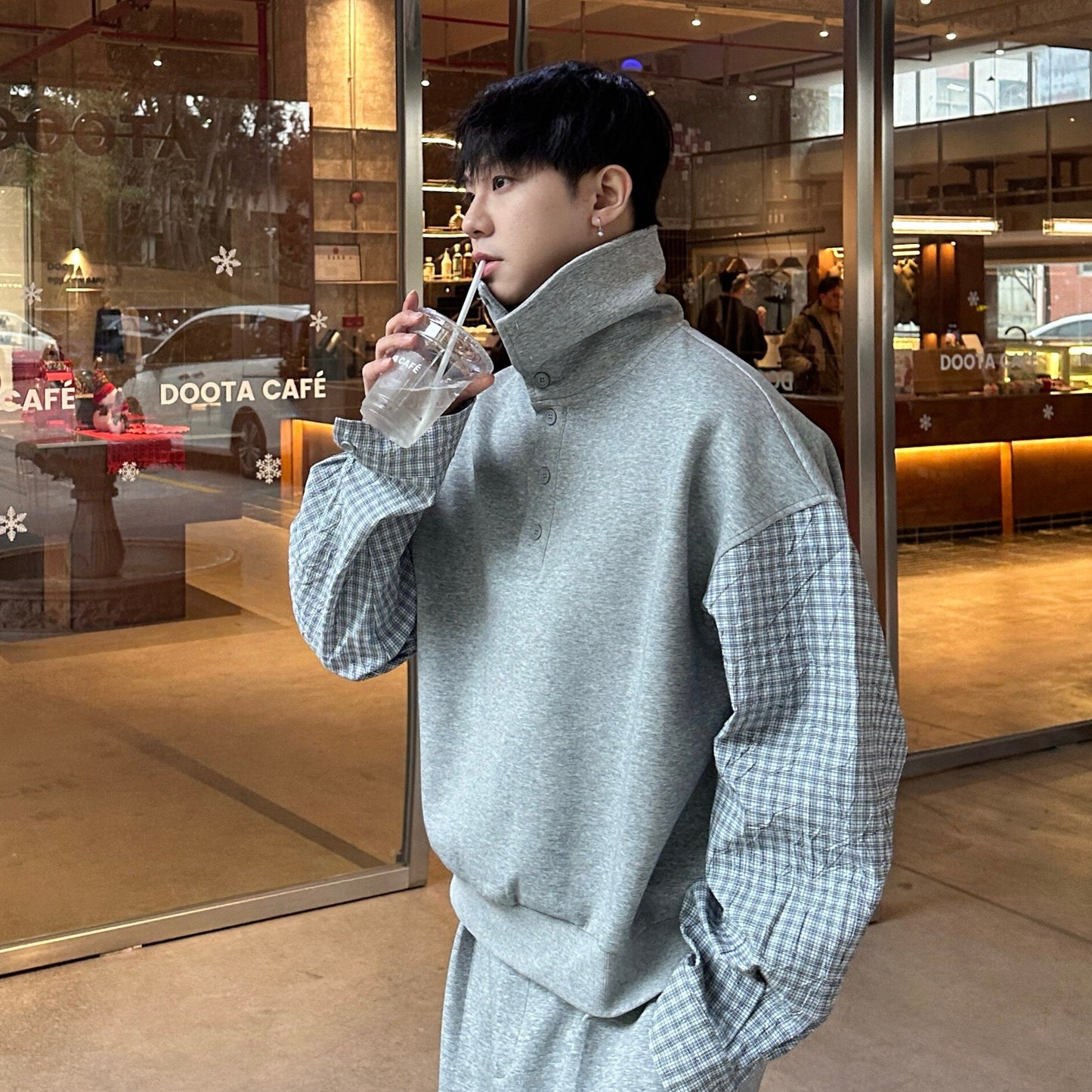 Plaid Fake Layered Long Sleeve Shirt & Wide Leg Sweatpants Setup WN25337