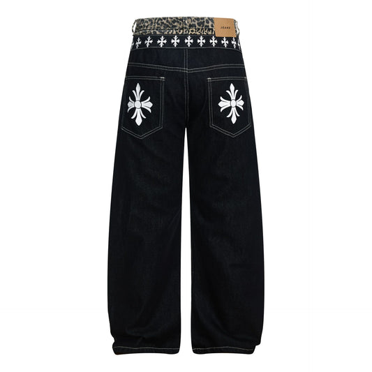 Color Block Embroidery Wide Leg Curved Denim Jeans WN25864