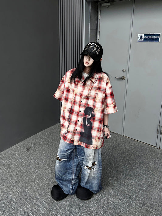 Plaid Damage Print Short Sleeve Shirt WN24190