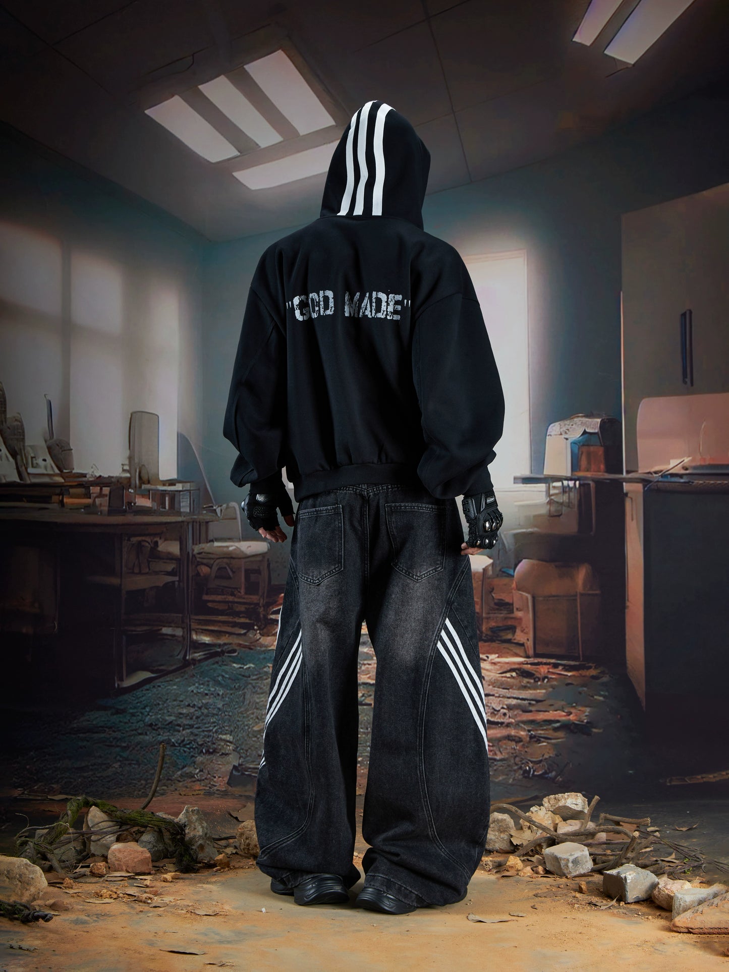 Stripe Deconstruction Patchwork Wide Leg Denim Jeans WN21365