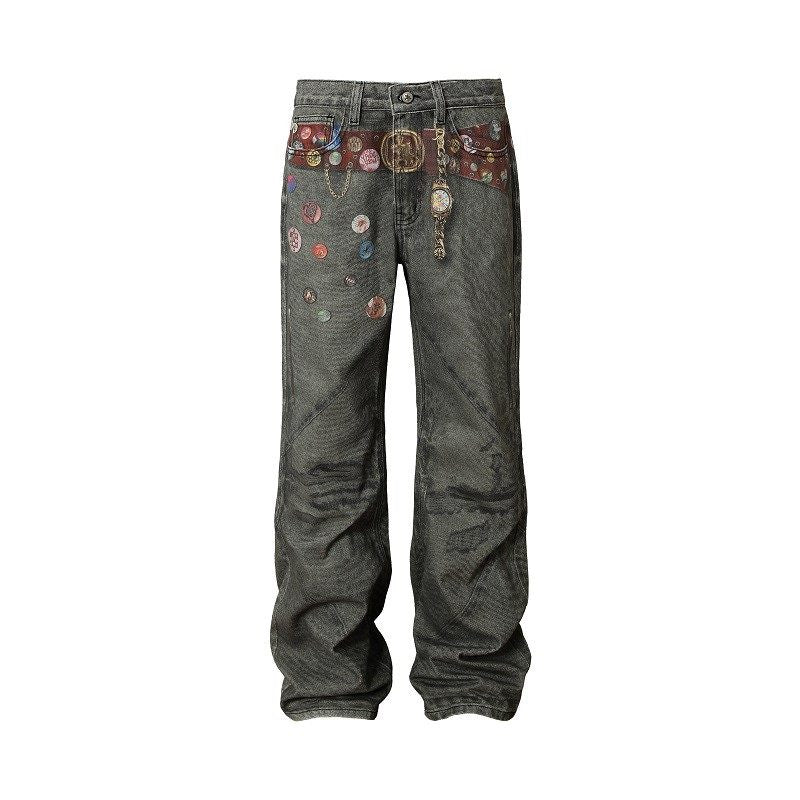 Badge Print Chain Wide Leg Denim Jeans WN23202