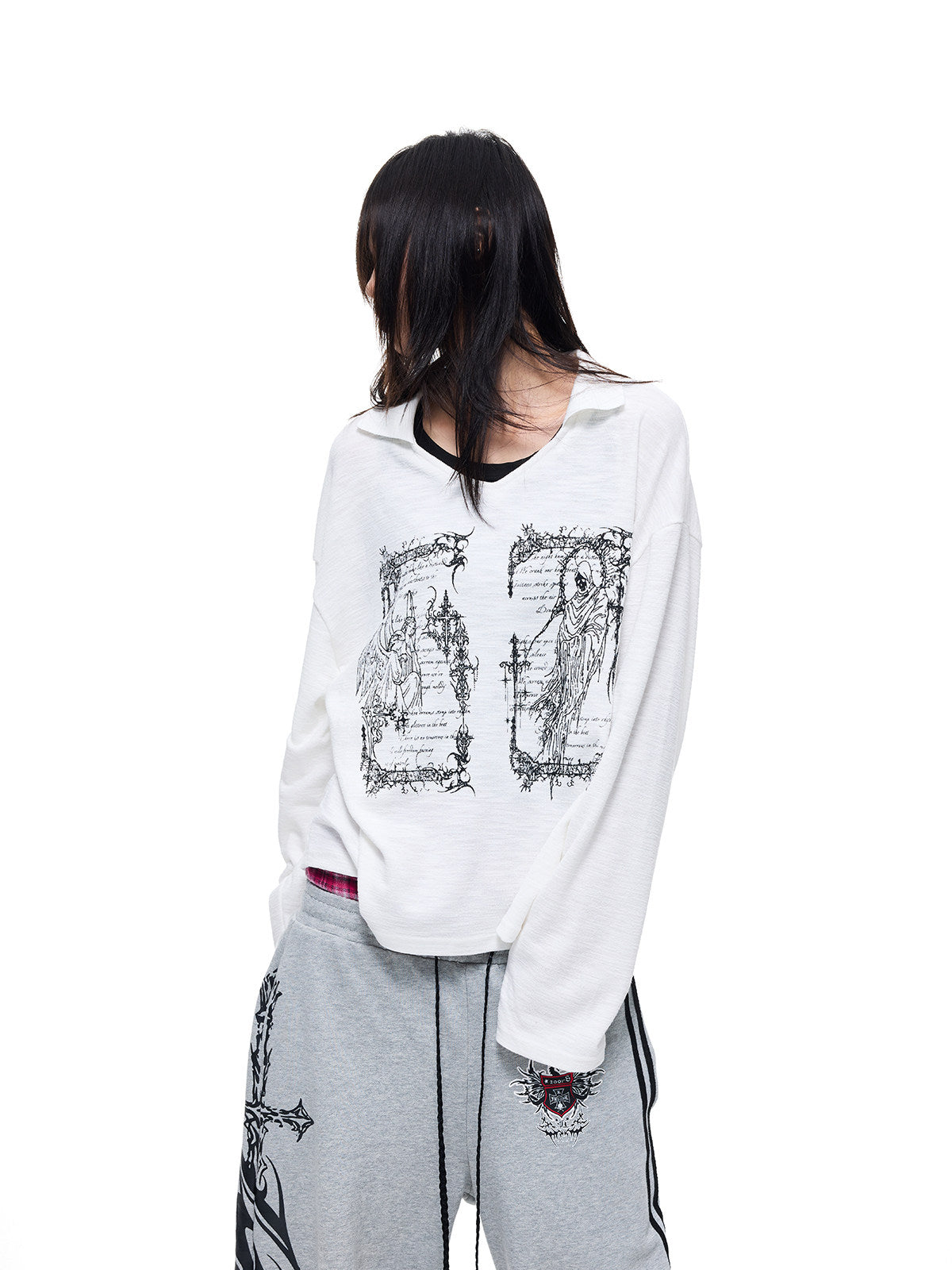 Reaper Angel Rune Print Polo-Collar Long Sleeve T-Shirt WN27326