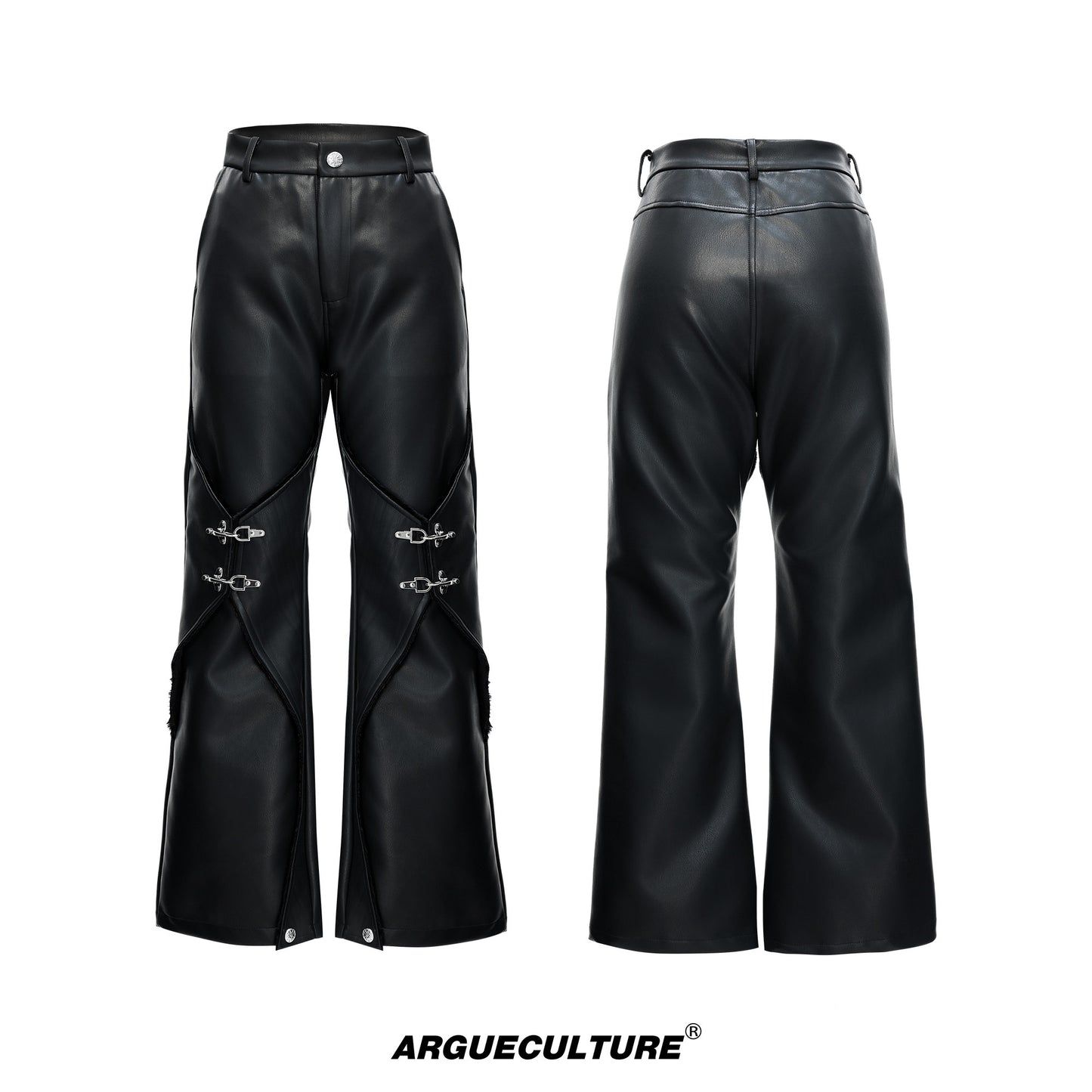 Wax Coating Panel Metal Buckle Straight PU Leather Pants WN23324